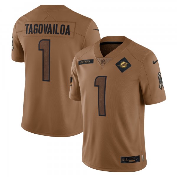 Men's Miami Dolphins #1 Tua Tagovailoa Nike Brown 2023 Salute To Service Limited Jersey