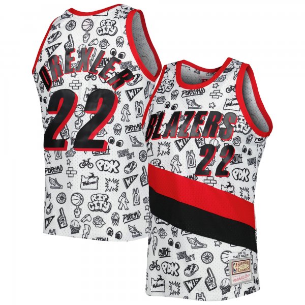 Men's Portland Trail Blazers Clyde Drexler Mitchell & Ness White 1991-92 Hardwood Classics Doodle Swingman Jersey