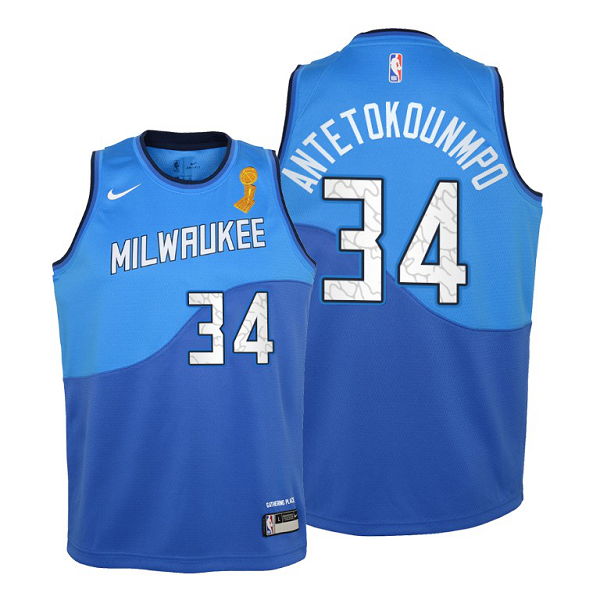 Youth Nike Milwaukee Bucks #34 Giannis Antetokounmpo 2021 NBA Finals Champions Blue Jersey