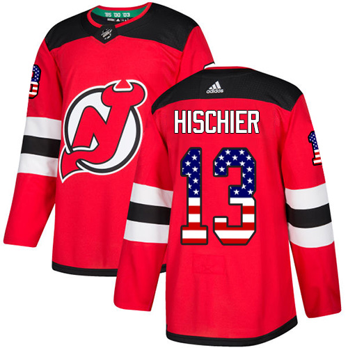 Adidas New Jersey Devils #13 Nico Hischier Red Home USA Flag Stitched NHL Jersey