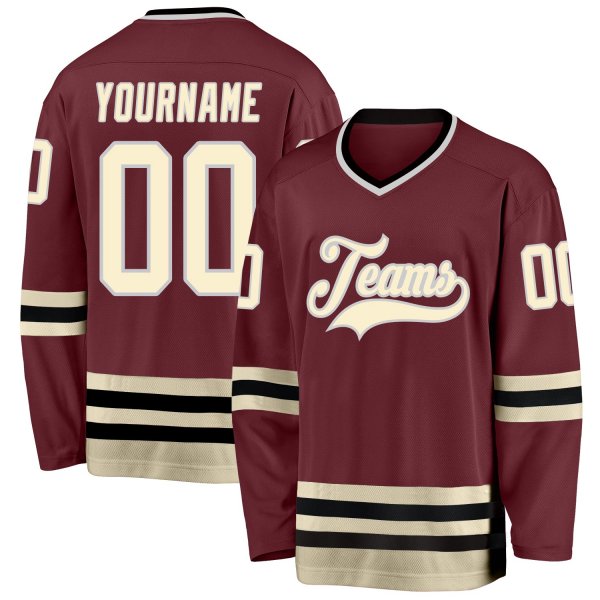 Custom Burgundy Cream-Black Hockey Jersey