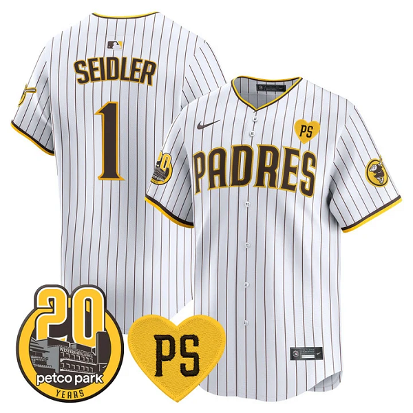 Men's San Diego Padres #1 Peter Seidler Jr For Peter & Petco Park 20th Patch Vapor Premier Limited All Stitched Cool Base Jersey