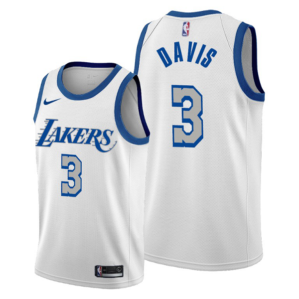 Los Angeles Lakers #3 Anthony Davis White 2020-21 City Edition New Blue Silver Logo Men's Jersey