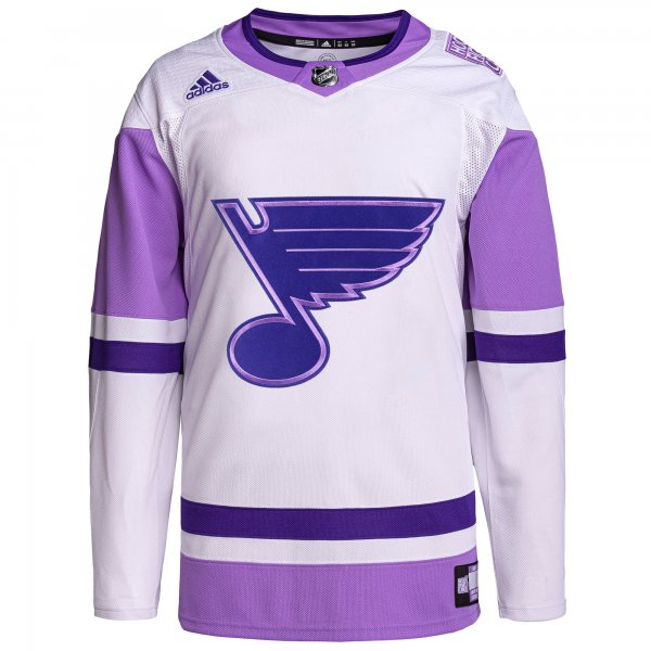 Men's St. Louis Blues adidas White/Purple Hockey Fights Cancer Primegreen Custom Jersey