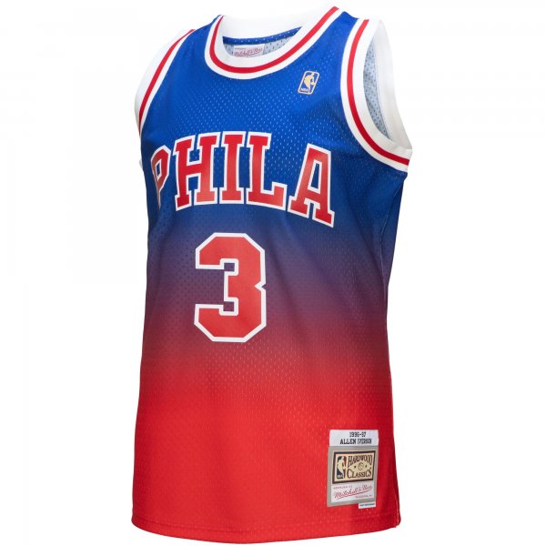 Men's Philadelphia 76ers Allen Iverson Mitchell & Ness Red/Royal 1996/97 Hardwood Classics Fadeaway Swingman Player Jersey