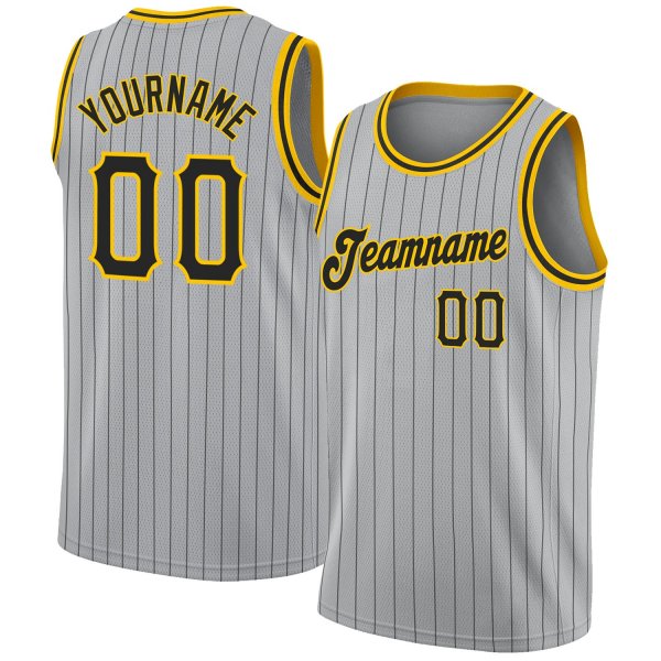 Custom Silver Gray Black Pinstripe Black-Gold Authentic Basketball Jersey