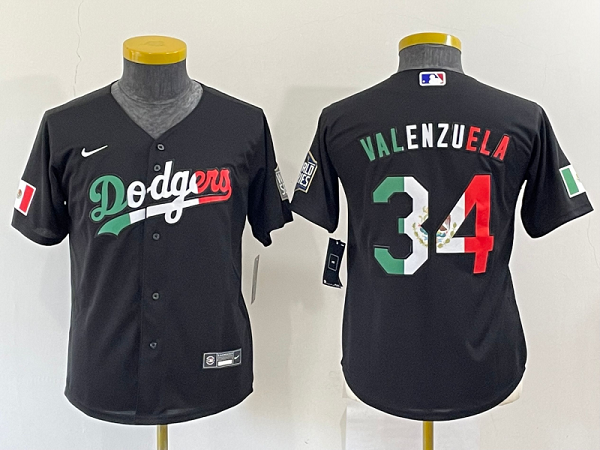 Youth Nike Los Angeles Dodgers #34 Fernando Valenzuela Black Mexico Throwback Cool Base MLB Jersey