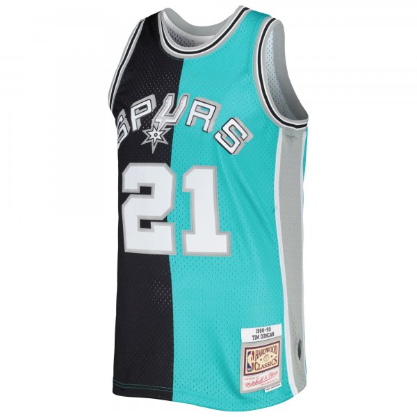 Men's San Antonio Spurs Tim Duncan Mitchell & Ness Black/Teal Hardwood Classics 1998/99 Split Swingman Jersey