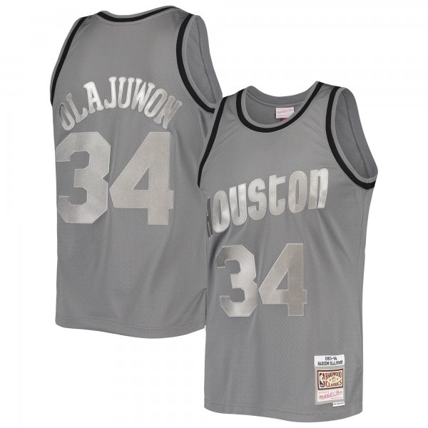 Men's Houston Rockets Hakeem Olajuwon Mitchell & Ness Charcoal Hardwood Classics Retired Player 1993/94 Metal Works Swingman Jersey