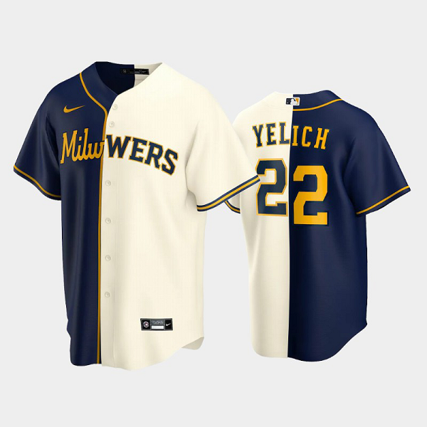 Men's Milwaukee Brewers split Replica MLB Jersey #22 Christian Yelich Navy-Cream