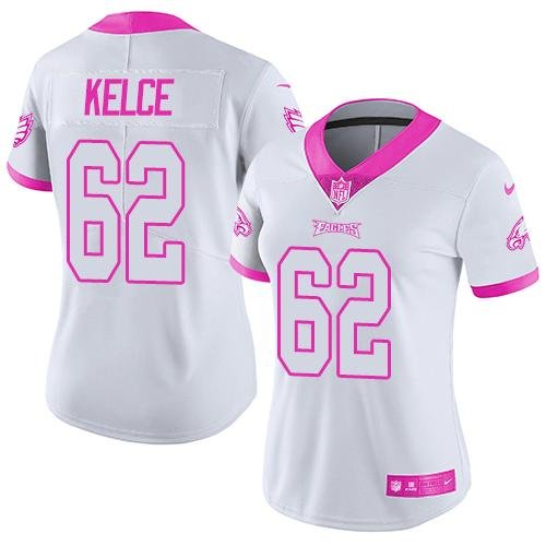 Nike Philadelphia Eagles #62 Jason Kelce White/Pink Women's Stitched NFL Limited Rush Fashion Jersey