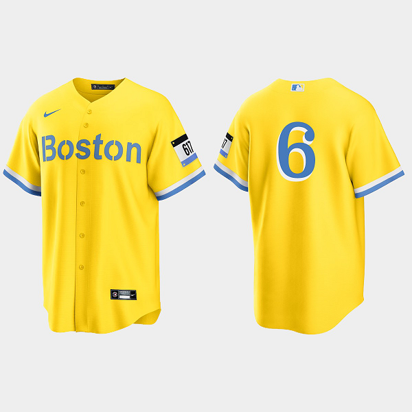 Men's Boston Red Sox #6 Bill Buckner Gold Light Blue 2021 MLB City Connect Cool Base Jersey