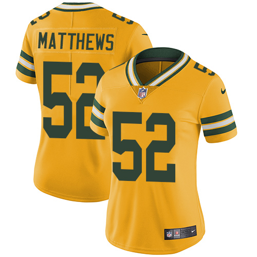 Nike Green Bay Packers #52 Clay Matthews Yellow Women's Stitched NFL Limited Rush Jersey