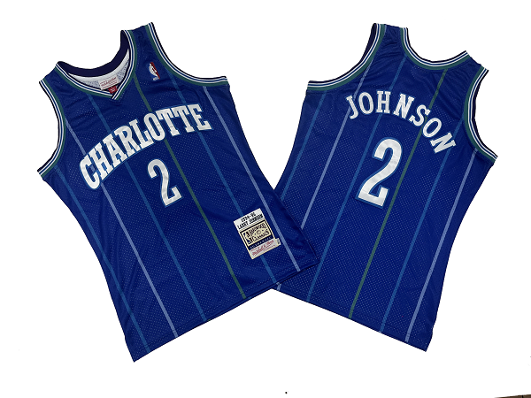 Men's Mitchell And Ness Charlotte Hornets #2 Larry Johnson 1984-85 Purple Mitchell and Ness Stitched NBA Jersey