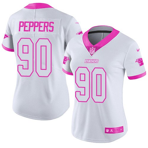 Nike Carolina Panthers #90 Julius Peppers White/Pink Women's Stitched NFL Limited Rush Fashion Jersey