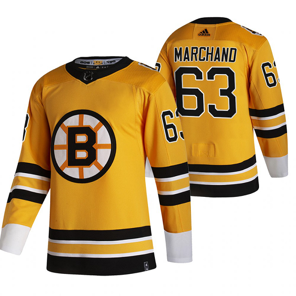 Boston Bruins #63 Brad Marchand Yellow Men's Adidas 2020-21 Reverse Retro Alternate NHL Jersey