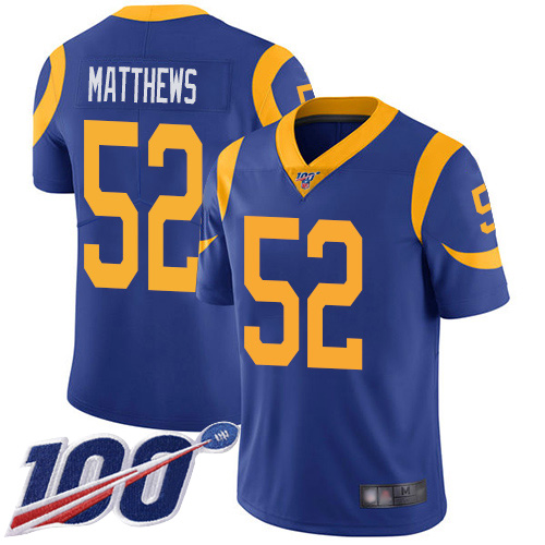 Los Angeles Rams #52 Clay Matthews Royal Blue Alternate Men's Stitched NFL 100th Season Vapor Limited Jersey