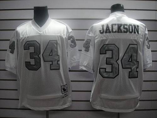 Men's Mitchell And Ness Las Vegas Raiders #34 Bo Jackson White Silver No. Stitched NFL Jersey