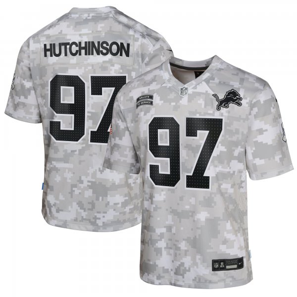 Youth Detroit Lions #97 Aidan Hutchinson Nike Arctic Camo 2024 Salute to Service Game Jersey