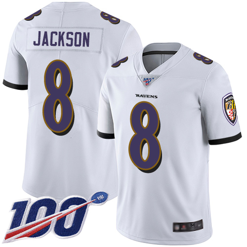 Baltimore Ravens #8 Lamar Jackson White Youth Stitched NFL 100th Season Vapor Limited Jersey