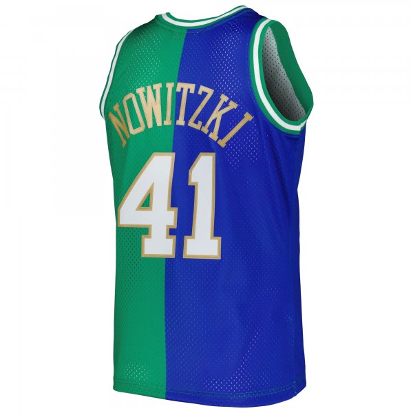 Men's Dallas Mavericks Dirk Nowitzki Mitchell & Ness Blue/Green Hardwood Classics 1998/2019 Split Swingman Jersey