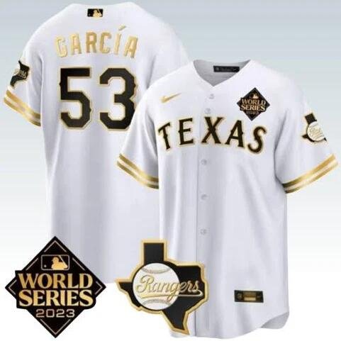 Men's Texas Rangers #53 Adolis Garcia 2023 World Series white jersey