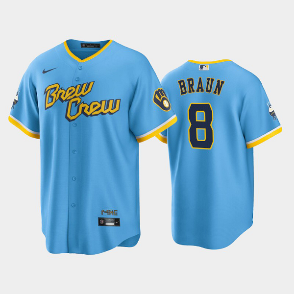 Men's Milwaukee Brewers 2022 City Connect #8 Ryan Braun Powder Blue Cool Base MLB Jersey