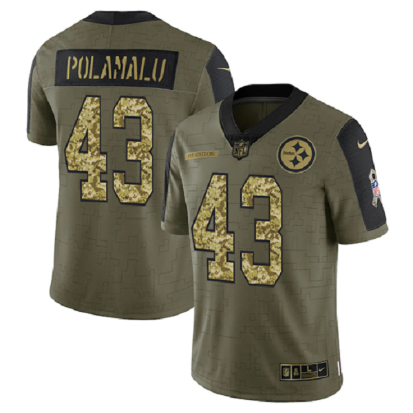 Pittsburgh Steelers Troy Polamalu Olive Men's Stitched NFL Limited 2021 Salute to Service Jersey