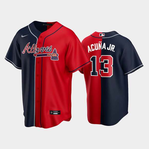 Men's Atlanta Braves Replica MLB Jersey #13 Ronald Acuna Jr. Navy-Red Split