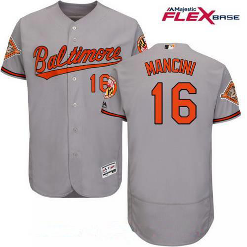 Men's Baltimore Orioles #16 Trey Mancini Gray Road 25th Patch Flex Base MLB Jersey