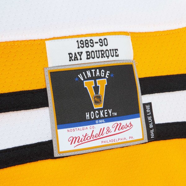 Men's Boston Bruins Ray Bourque Mitchell & Ness White Captain Patch 1989/90 Blue Line Player Jersey