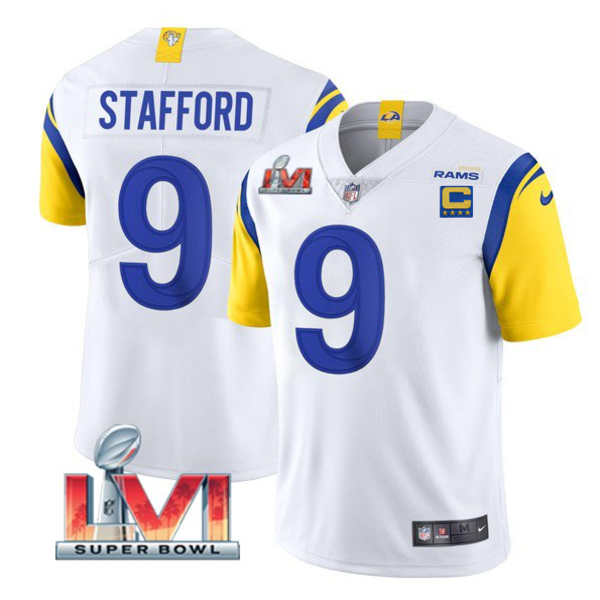 Men's Los Angeles Rams #9 Matthew Stafford White 2022 With C Patch Super Bowl LVI Vapor Limited Jersey