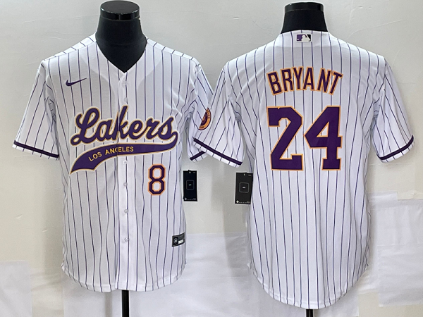 Men's Los Angeles Lakers #24 Kobe Bryant White Strips Baseball Jersey