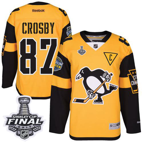 Pittsburgh Penguins #87 Sidney Crosby Gold 2017 Stadium Series Stanley Cup Final Patch Stitched NHL Jersey