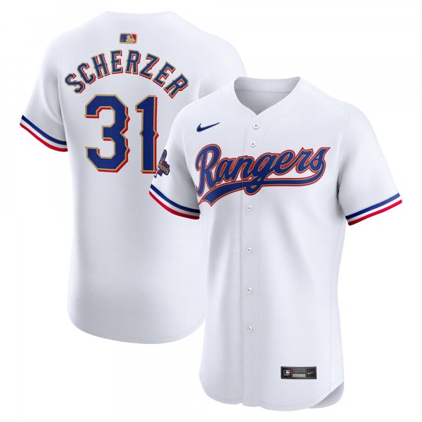 Men's Texas Rangers Max Scherzer Nike White 2024 Gold Collection Elite Player Jersey