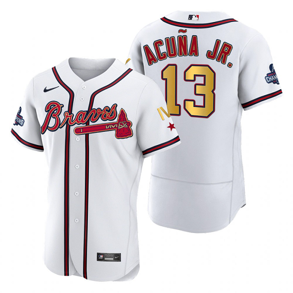 Men's Atlanta Braves #13 Ronald Acuna Jr. White 2022 Gold Program 4-Time World Series Champions MLB Jersey