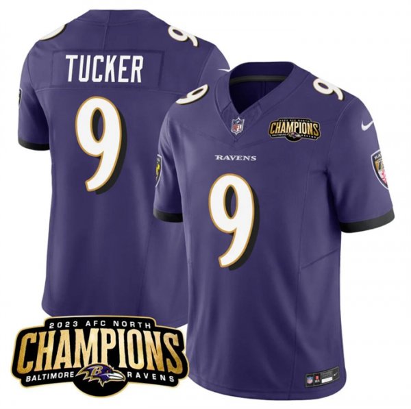 Men's Baltimore Ravens #9 Justin Tucker Purple 2023 F.U.S.E. AFC North Champions Vapor Limited NFL Jersey