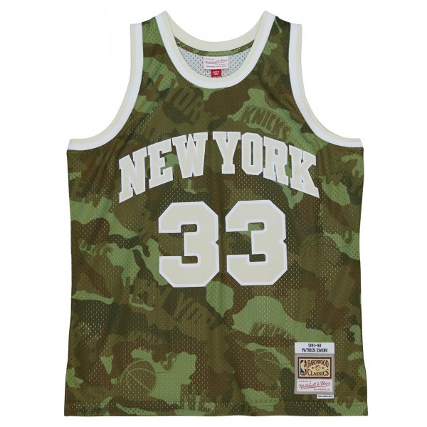 Men's New York Knicks Patrick Ewing Mitchell & Ness Camo Hardwood Classics 1991/92 Ghost Green Swingman Jersey