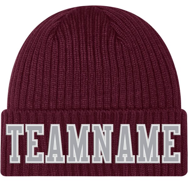 Custom Burgundy Gray-White Stitched Cuffed Knit Hat