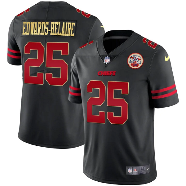 Youth Kansas City Chiefs #25 Clyde Edwards-Helaire Black Gold Trim Vapor All Stitched Jersey