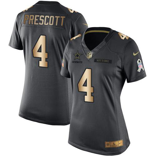 Nike Dallas Cowboys #4 Dak Prescott Black Women's Stitched NFL Limited Gold Salute to Service Jersey