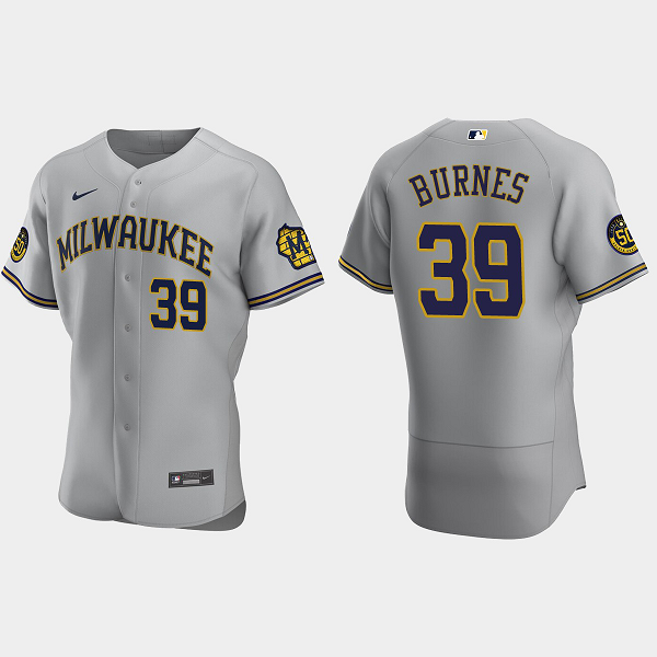 Men's Milwaukee Brewers #39 Corbin Burnes MLB Gray Flex Base Road Jersey