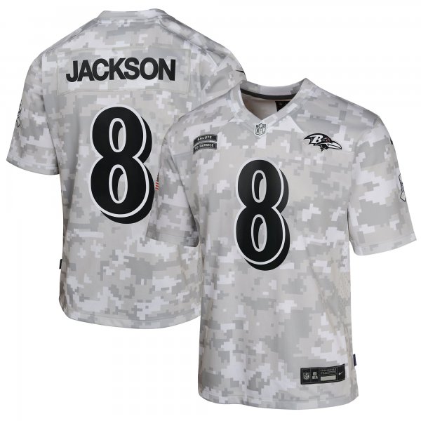 Youth Baltimore Ravens #8 Lamar Jackson Nike Arctic Camo 2024 Salute to Service Game Jersey