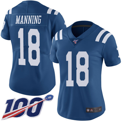 Women's Indianapolis Colts #18 Peyton Manning Royal BlueStitched NFL Limited Rush 100th Season Jersey