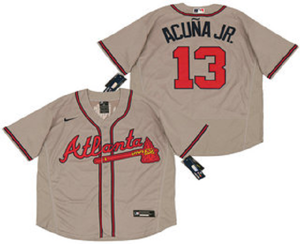 Men's Atlanta Braves #13 Ronald Acuna Jr. Gray Stitched MLB Flex Base Nike Jersey