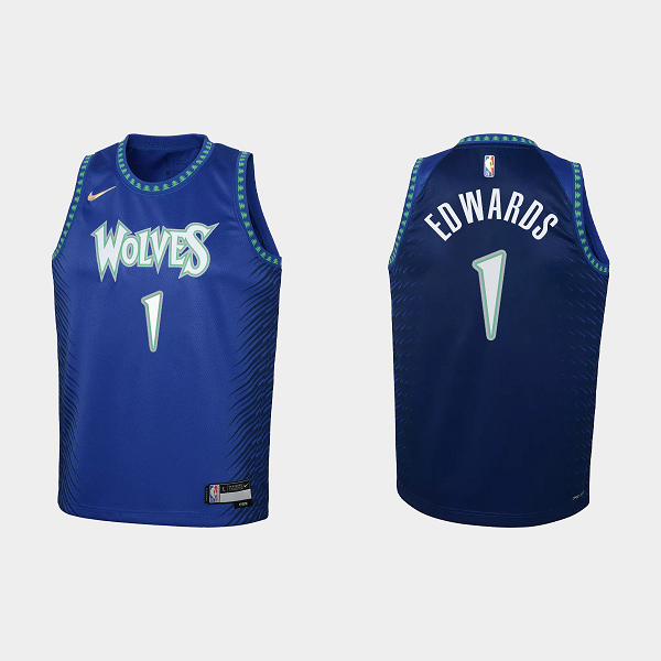 Youth Minnesota Timberwolves #1 Anthony Edwards 2021-22 75th Anniversary City Blue NBA Jersey