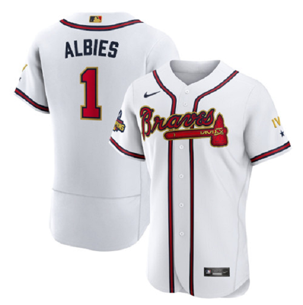 Men's Atlanta Braves #1 Ozzie Albies 2022 White/Gold World Series Champions Program Flex Base Stitched MLB Jersey