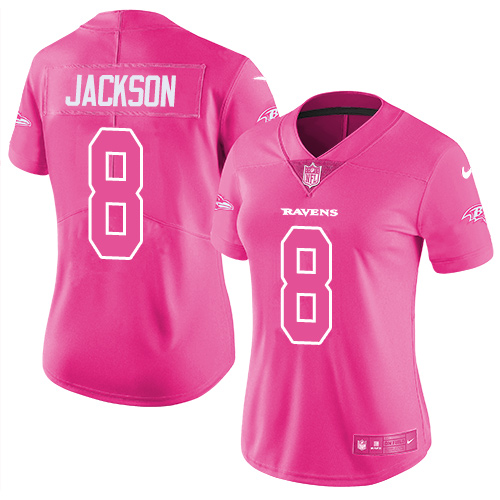 Women's Nike Baltimore Ravens #8 Lamar Jackson PinkStitched NFL Limited Rush Fashion Jersey