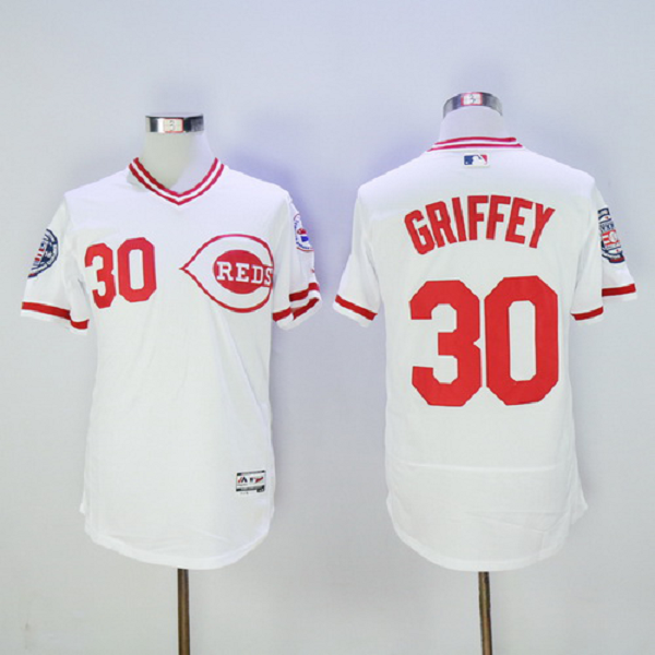 Men's Cincinnati Reds #30 Ken Griffey Jr Retired White Pullover 2016 Flexbase Majestic Baseball Jersey