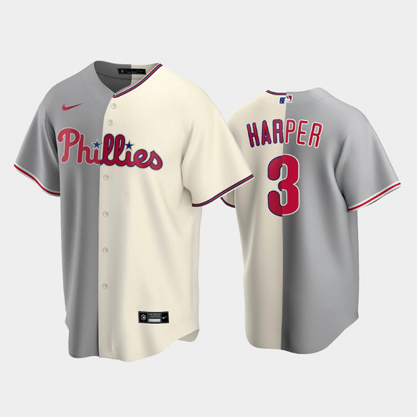 Men's Philadelphia Phillies Split Replica #3 Bryce Harper Gray-White MLB Jersey